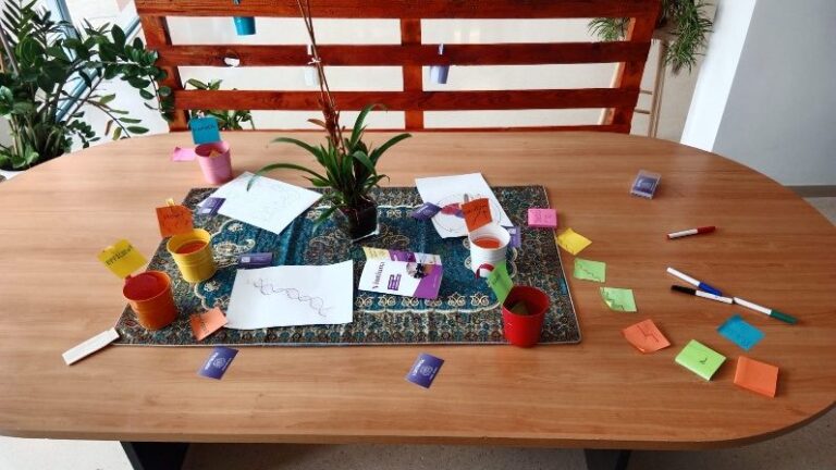Mesa de trabajo con notas de colores